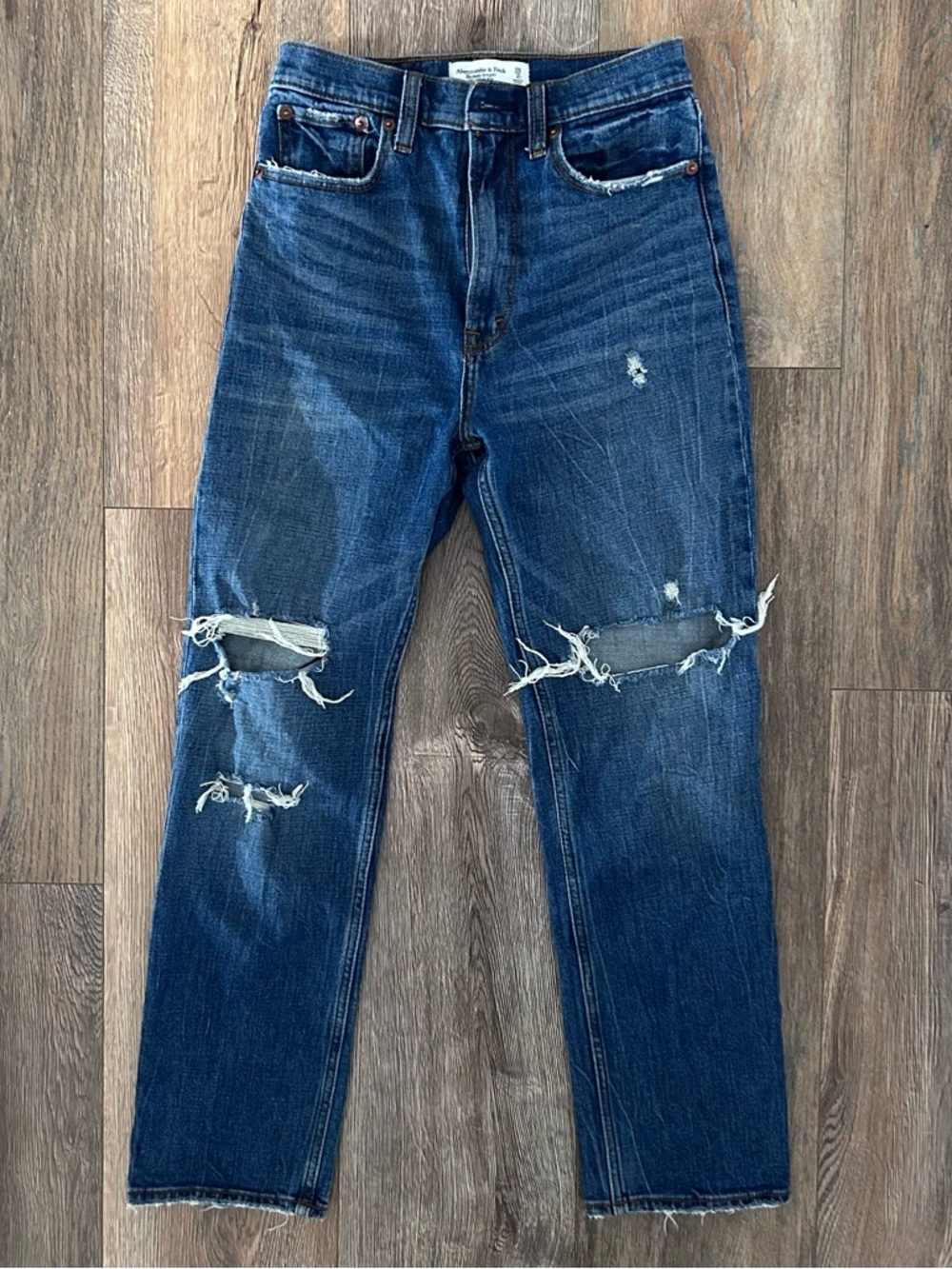 Abercrombie & Fitch Women’s Distressed Dark Blue Straight Leg Jeans